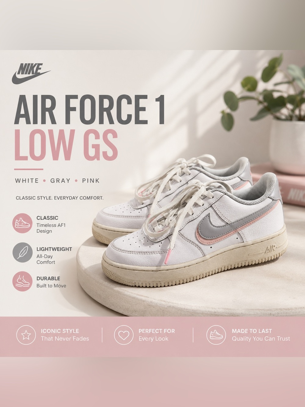 Nike Air Force 1 Low GS White Gray Pink Sneakers Youth 6.5Y/W8 CW1577-100